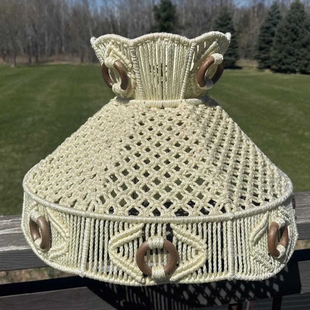 Large Vintage Macrame Hanging Swag Lamp Shade Only Ivory Wood 70s Boho Handmade